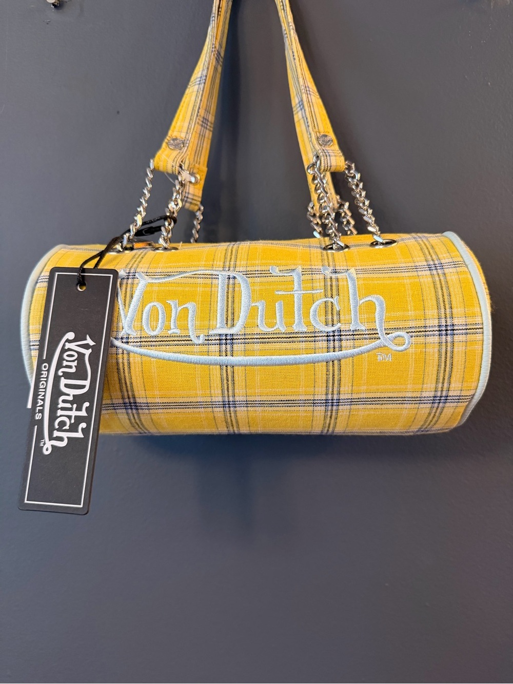 Von Dutch Yellow Plaid Barrel Shoulder Bag with Chain Straps